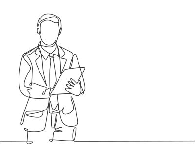 One single line drawing of young happy male worker standing while write business lesson from mentor on paper at clipboard. Business workshop concept. Continuous line draw design vector illustration